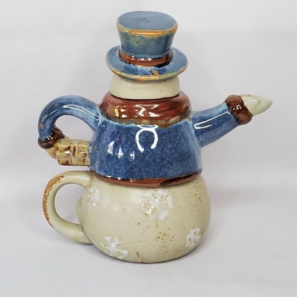 Stoneware Snowman Teapot Male Top Hat Blue Brown Snowflakes Christmas Winter - Picture 4 of 6